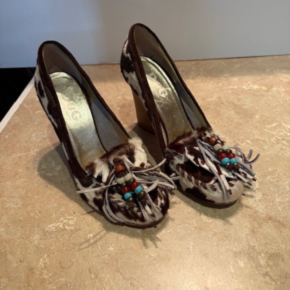 Dolce & Gabbana pony hair, cow print stack heels